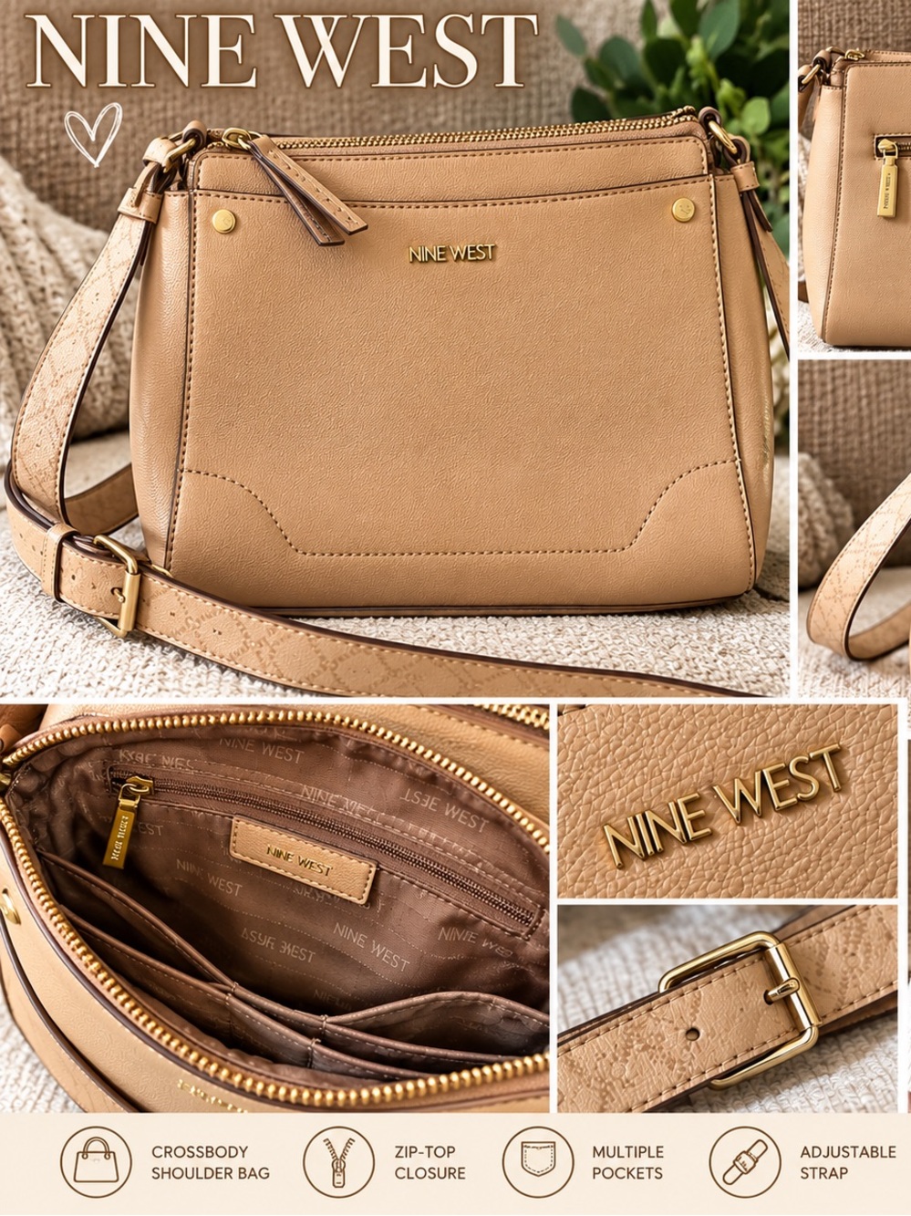Nine-West Camel 🐪 Crossbody Purse with Gold Hardware & Cream Strap